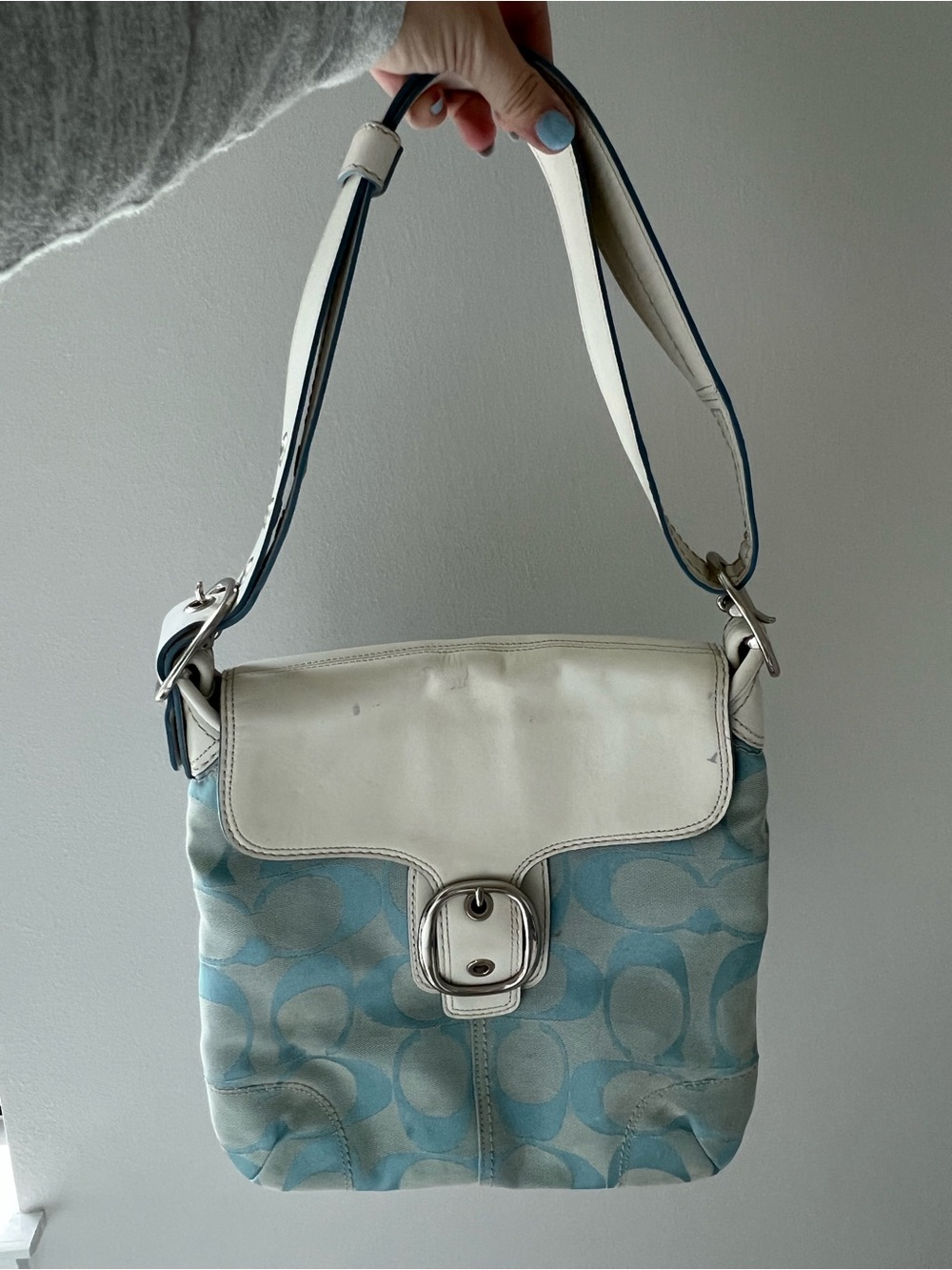 Coach Blue and White Shoulder Bag with Buckle Flap